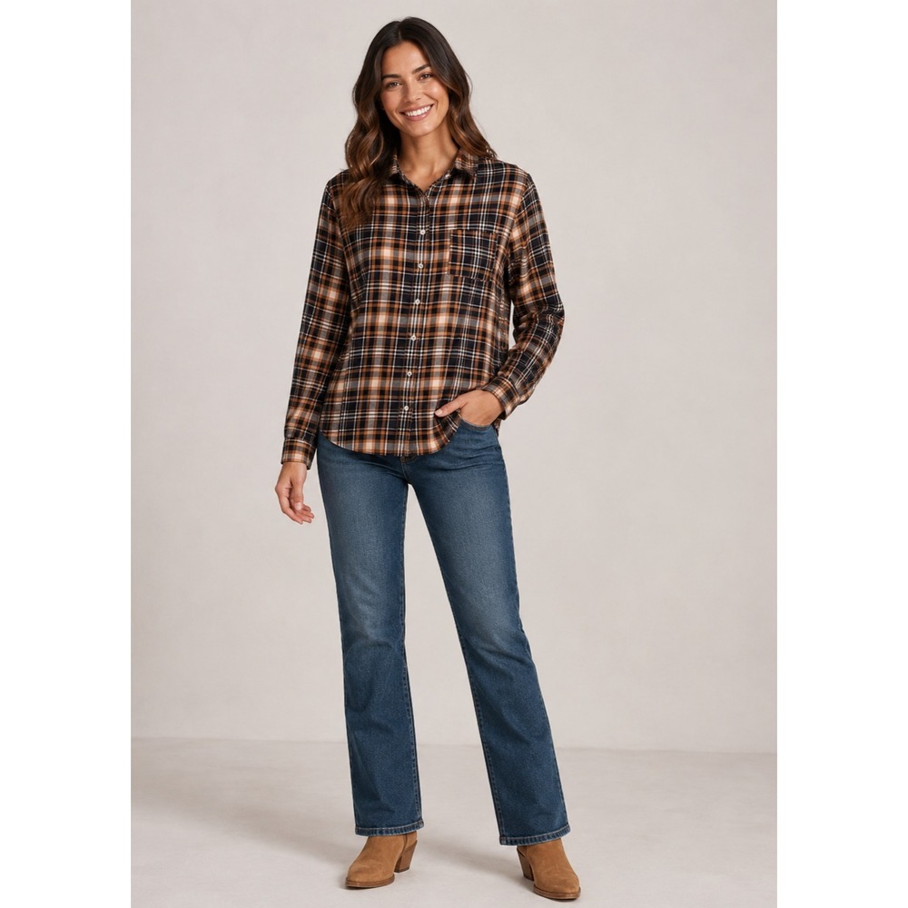 Garnet Hill Button-up Shirt Womens 10‎ Cotton Flannel Blue Plaid Grunge Fall